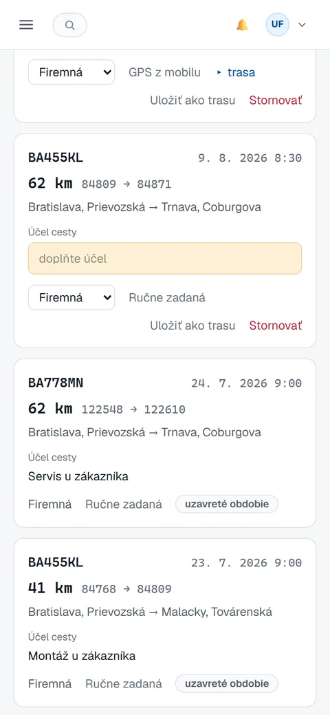 Kniha jázd na telefóne so zvýraznenou jazdou bez uvedeného účelu