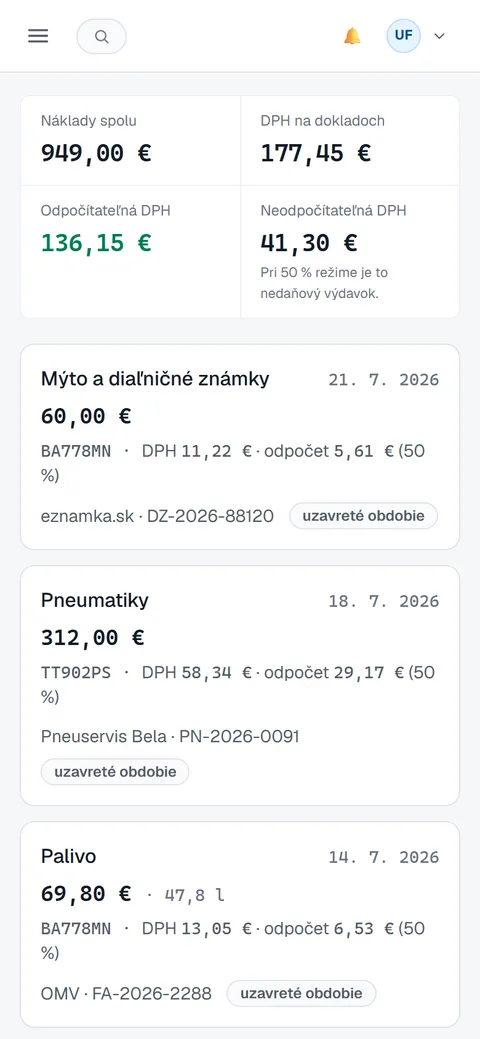 Náklady na telefóne: doklady za palivo a servis s odpočítateľnou DPH