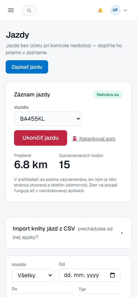 Záznam jazdy na telefóne: prejdené kilometre a počet zaznamenaných bodov